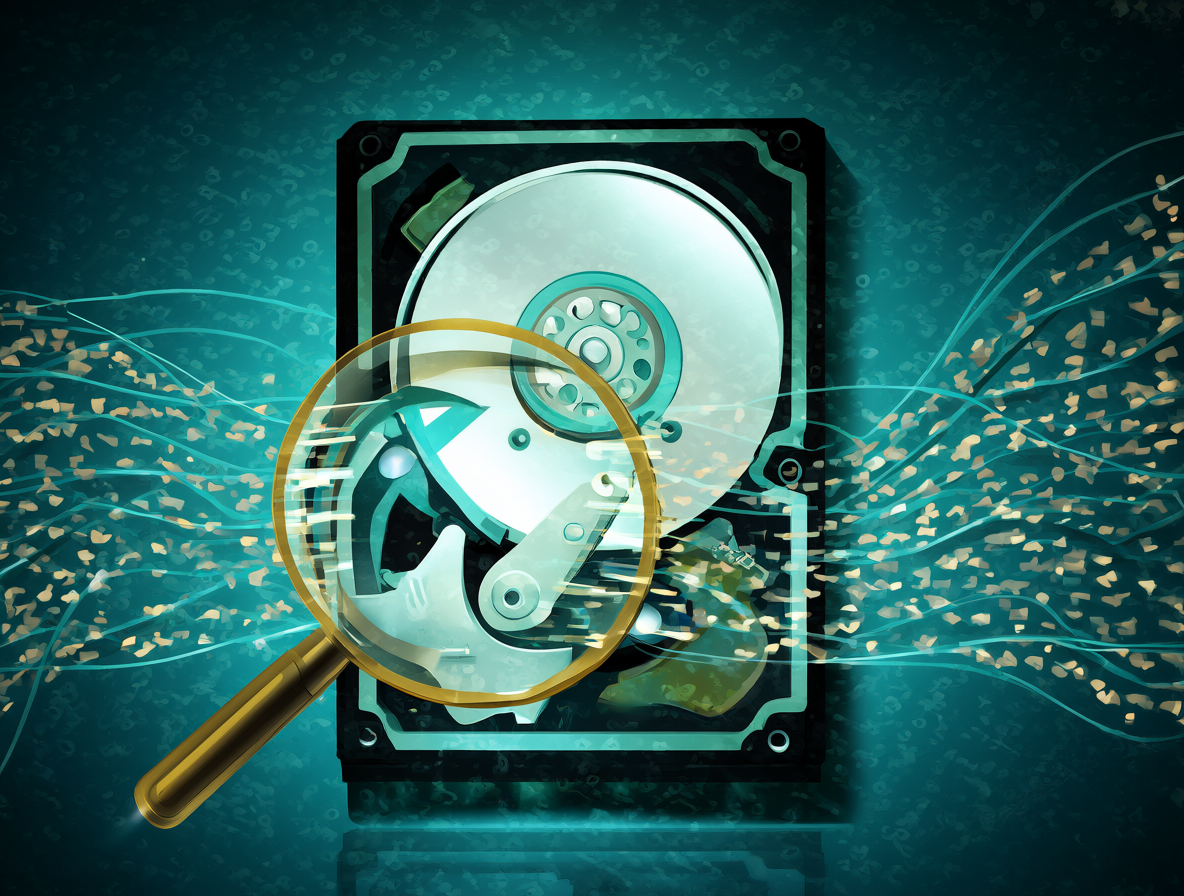 Un disco duro siendo analizado por software con código binario fluyendo alrededor, representando el escaneo previo a la restauración en AOMEI Backupper.