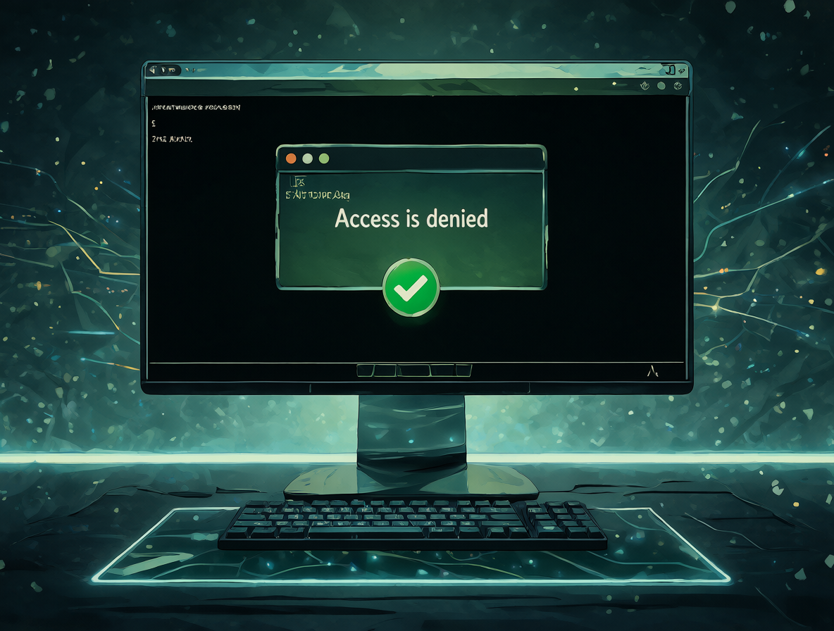 Pantalla de ordenador con terminal mostrando el mensaje Access is denied junto a un icono verde de seguridad