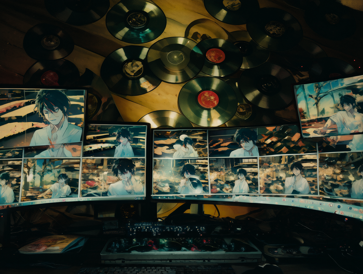 Estudio de grabación con múltiples monitores mostrando diferentes versiones de canciones para video.