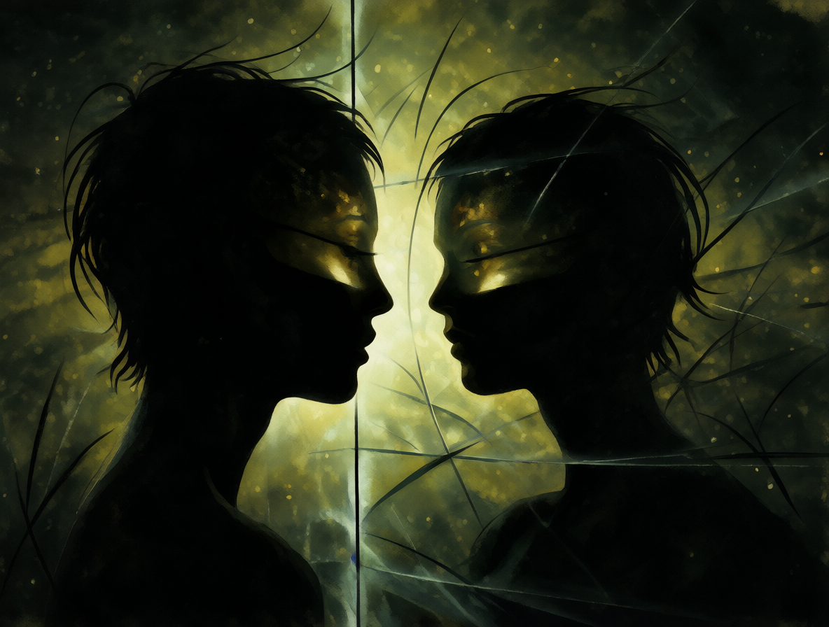 Una ilustración conceptual mostrando la introspección profunda y el proceso de escaneo mental para detectar si uno se está engañando.