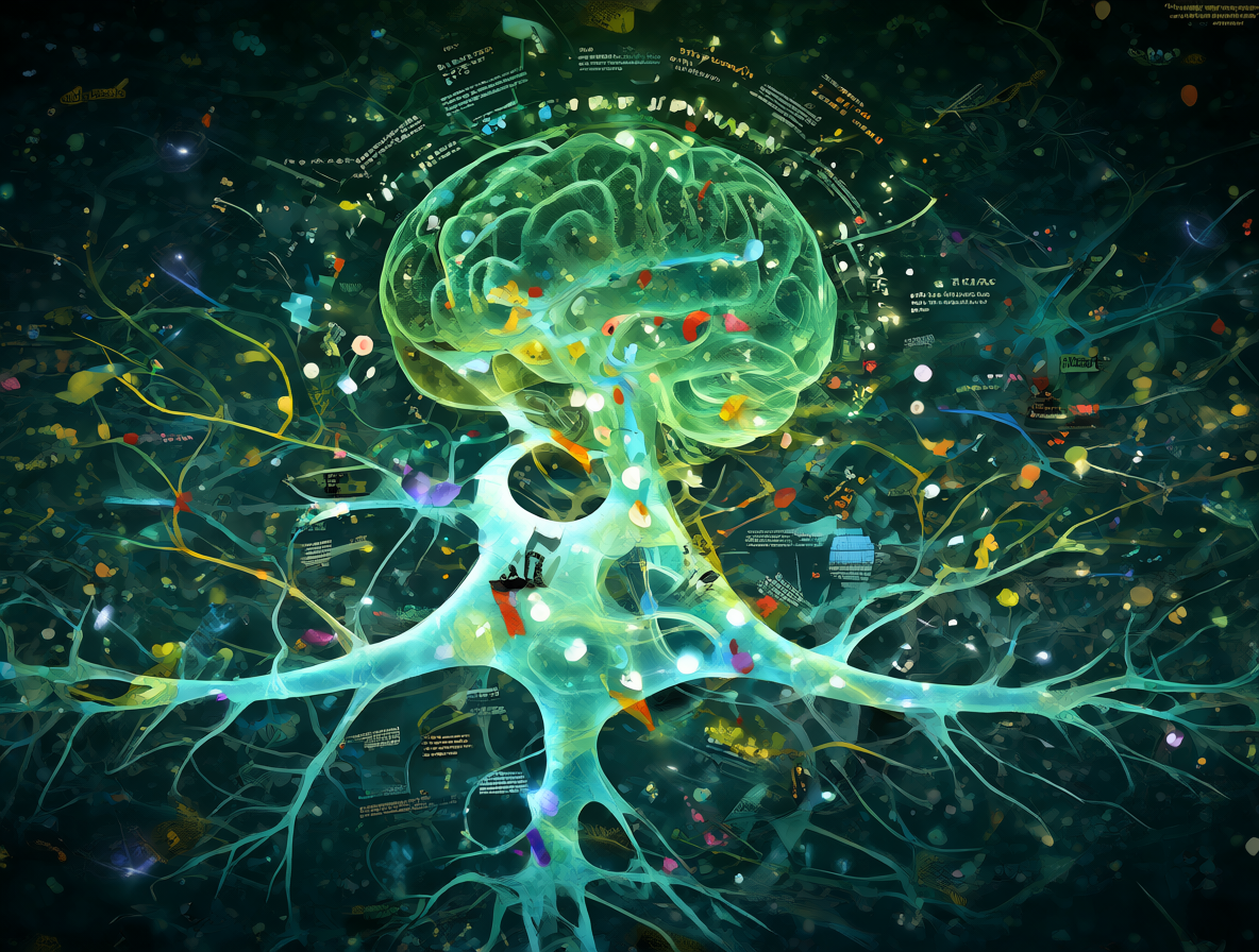 Cerebro digital rodeado de fragmentos de texto representando el proceso de razonamiento.