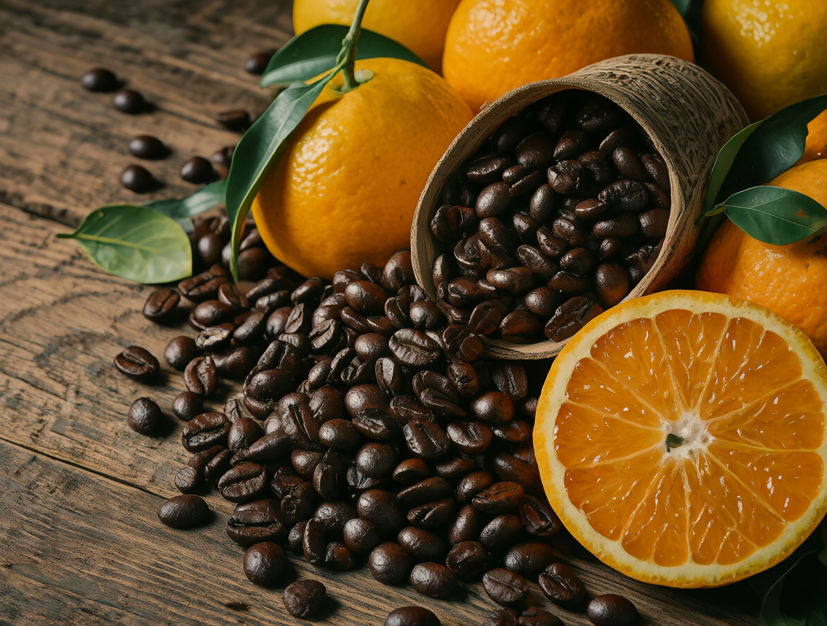 Una mesa de madera con granos de café tostado y frutas cítricas naranjas, ilustrando la conexión entre los alimentos y sus colores homónimos.