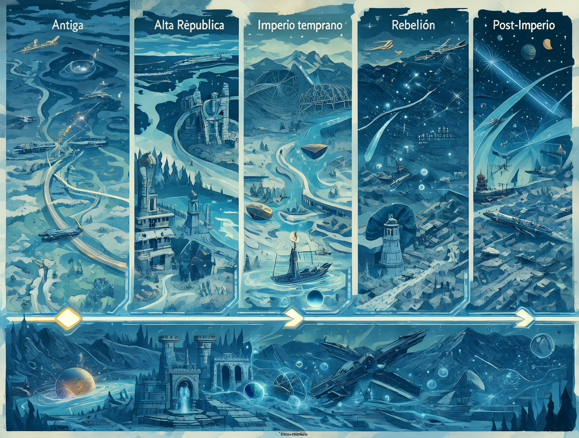 Diagrama visual de las eras cronológicas del universo Star Wars bajo el canon actual de Disney.