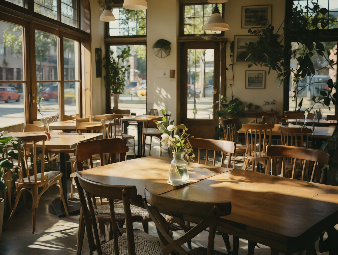 Interior acogedor de una cafetería con luz natural y mesas vacías