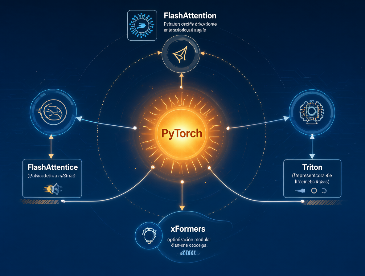 Diagrama técnico comparando las optimizaciones de atención en PyTorch.