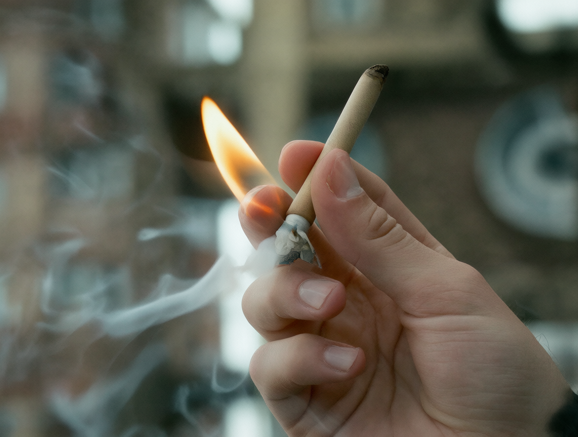Una mano relajada sosteniendo un cigarrillo de marihuana con fondo urbano borroso, capturando la atmósfera de descanso.
