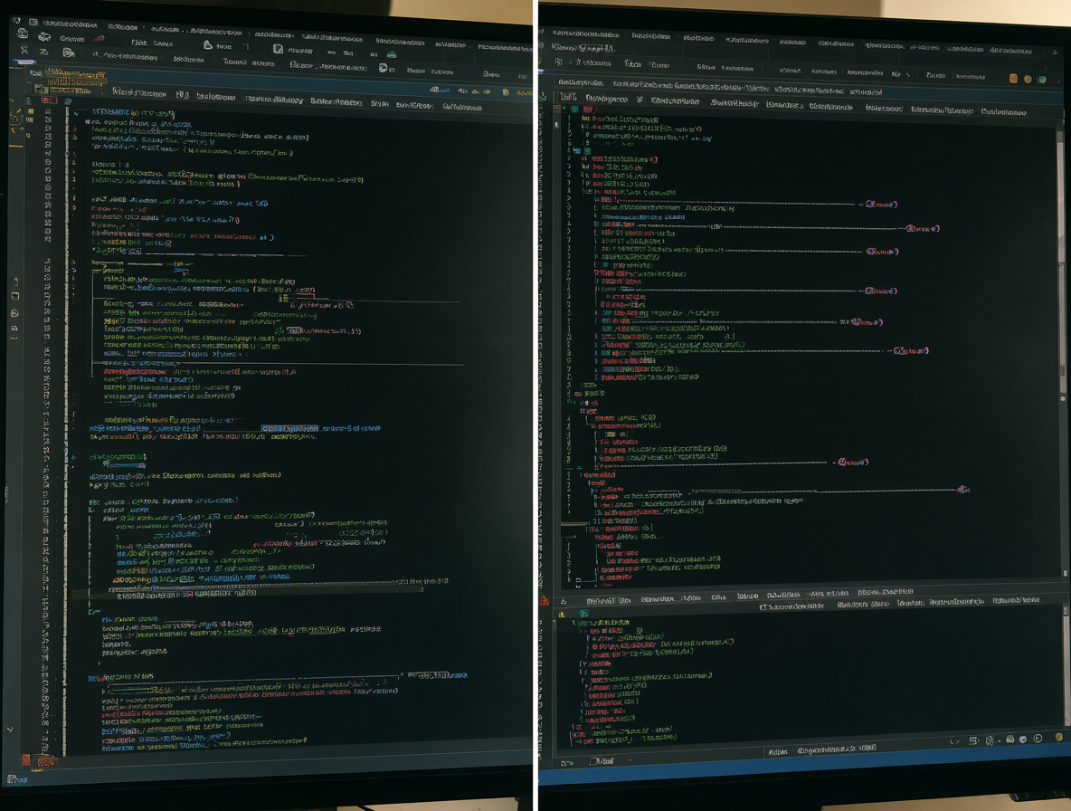 Split screen showing two computer windows executing Python code simultaneously on a dark desktop background