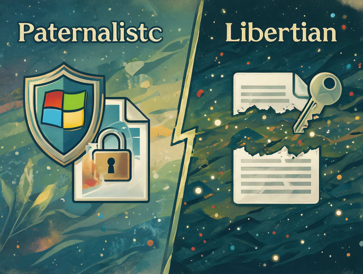 Split screen graphic comparing Windows as paternalistic and Linux as libertarian regarding file locking