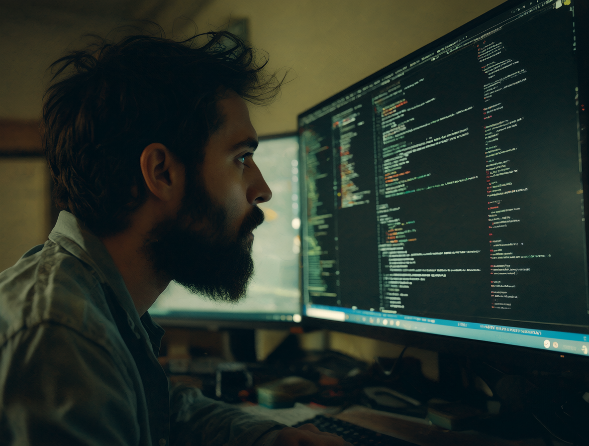Una persona trabajando en una computadora con múltiples líneas de código en pantalla.