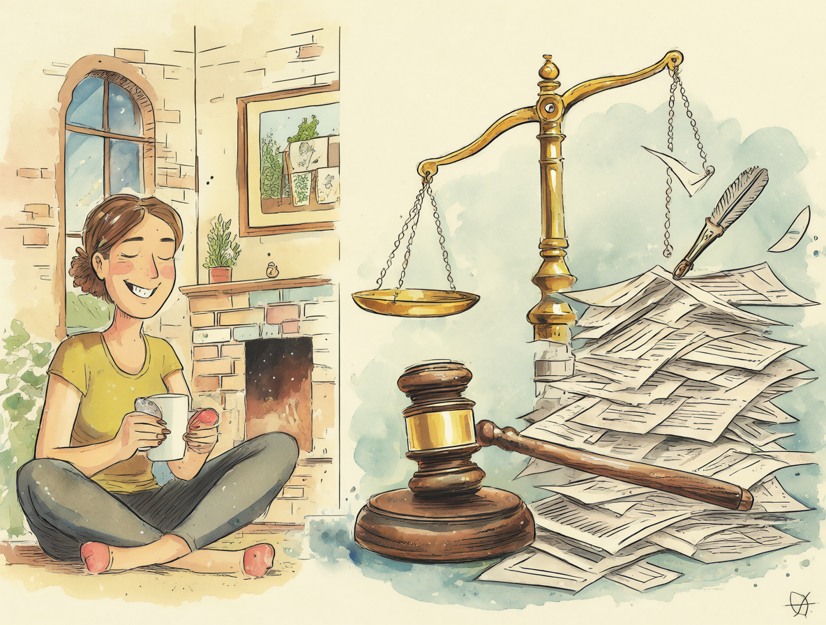 Ilustración dividida entre vida diaria en casa y conceptos legales de propiedad, mostrando que la posesión por tiempo no garantiza la titularidad sin cumplir requisitos estrictos.
