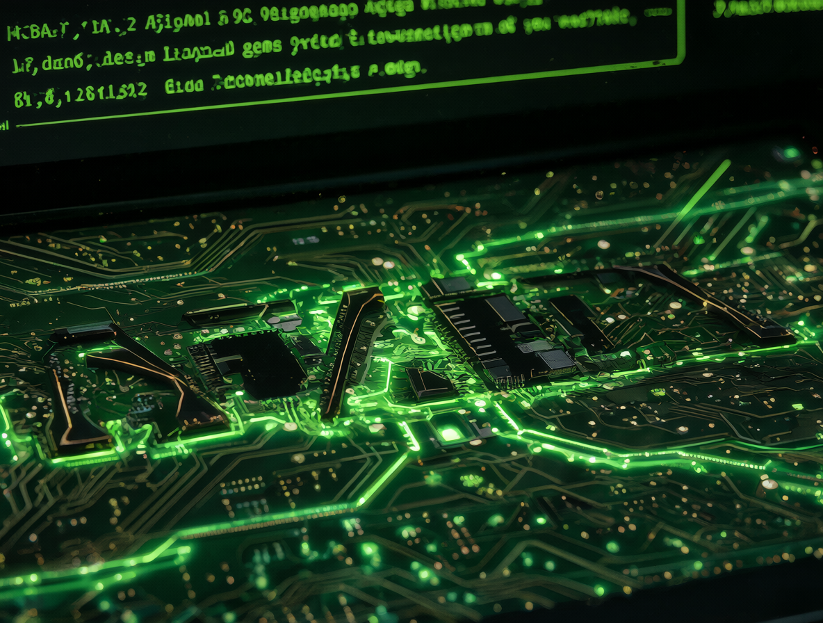Una GPU NVIDIA brillante con circuitos iluminados y una pantalla de terminal al fondo mostrando el éxito de la instalación de Python 3.12 y CUDA.