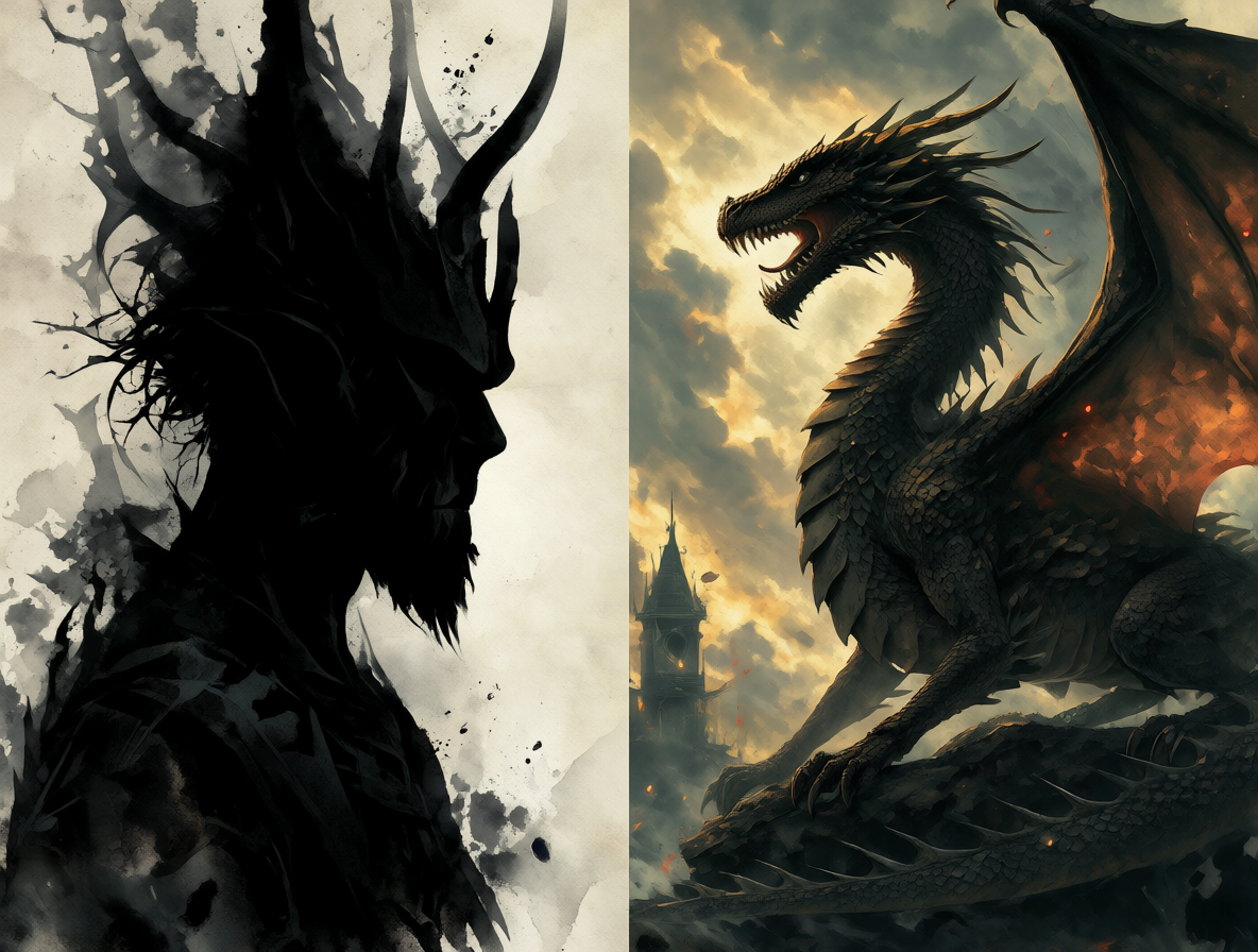 Imagen dividida mostrando a Sauron y un dragón para representar diferentes universos de fantasía.