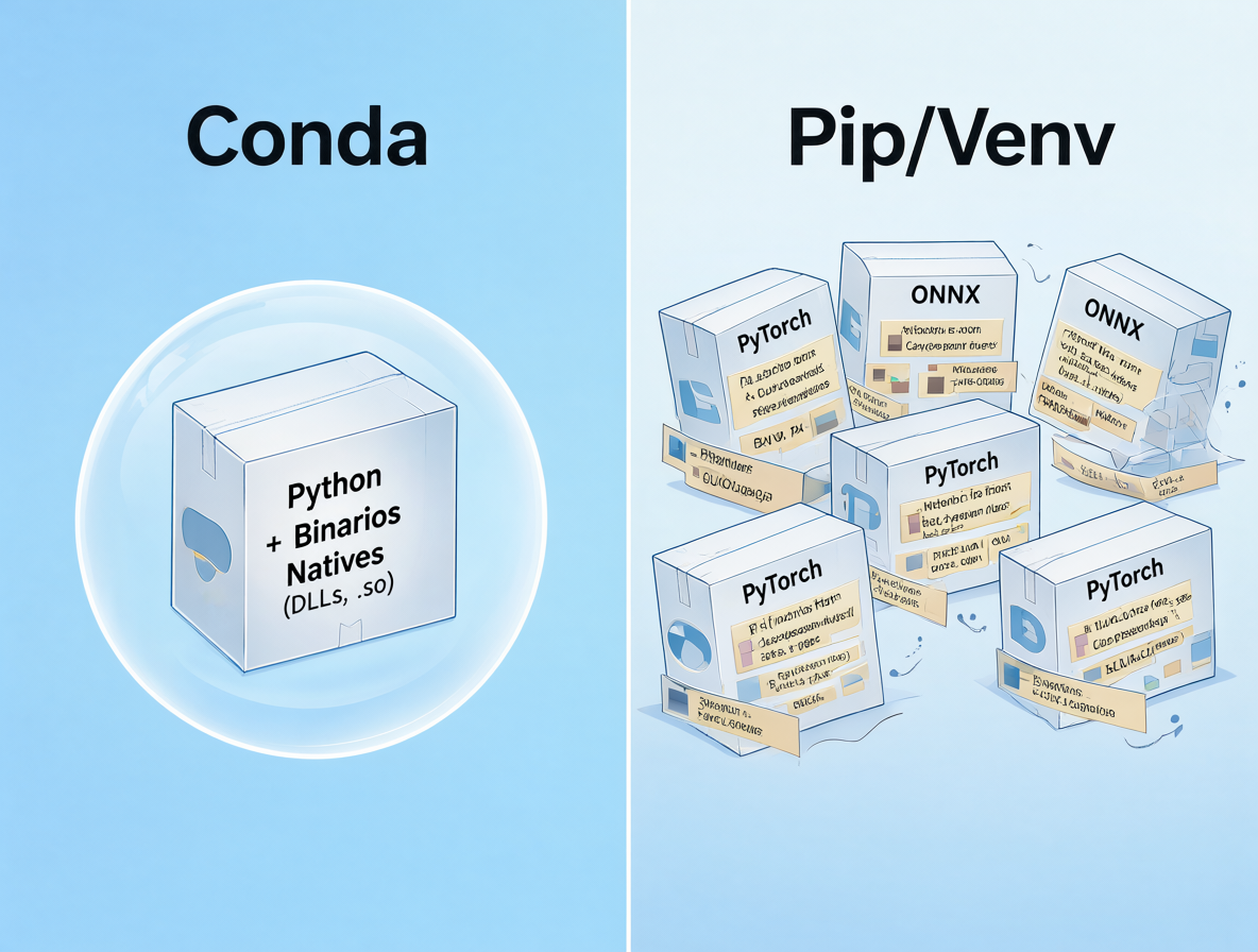 Gráfico comparativo mostrando cómo Conda maneja binarios nativos mientras Pip depende de wheels