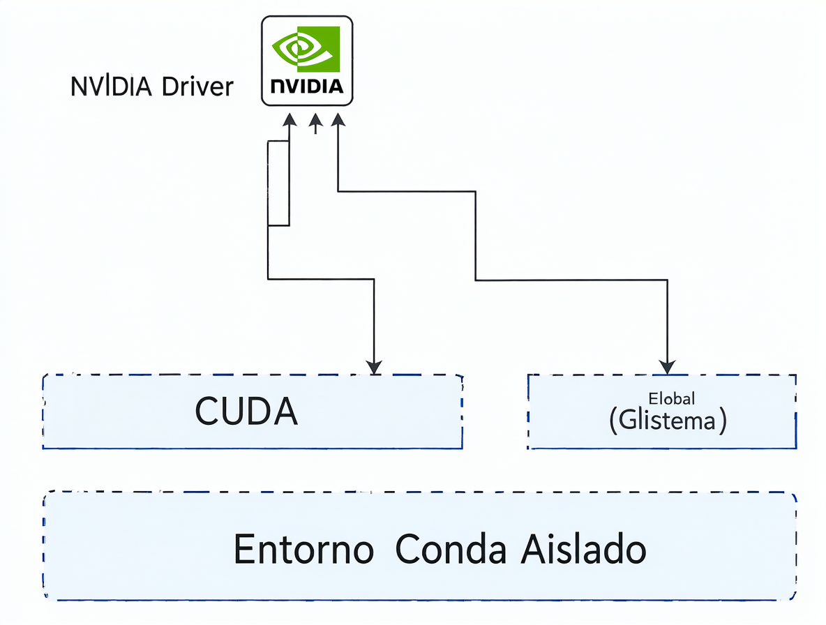 Diagrama técnico mostrando la independencia entre el driver NVIDIA y los runtimes CUDA