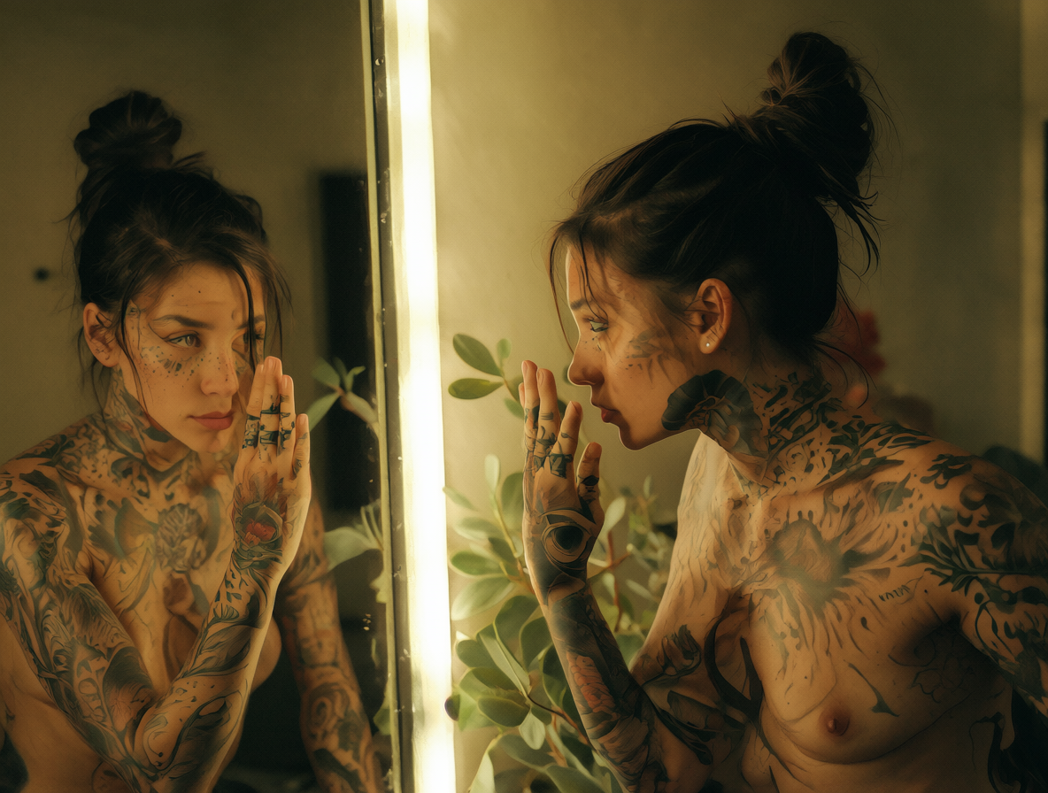Una persona segura observándose a sí misma frente a un espejo con tatuajes visibles.
