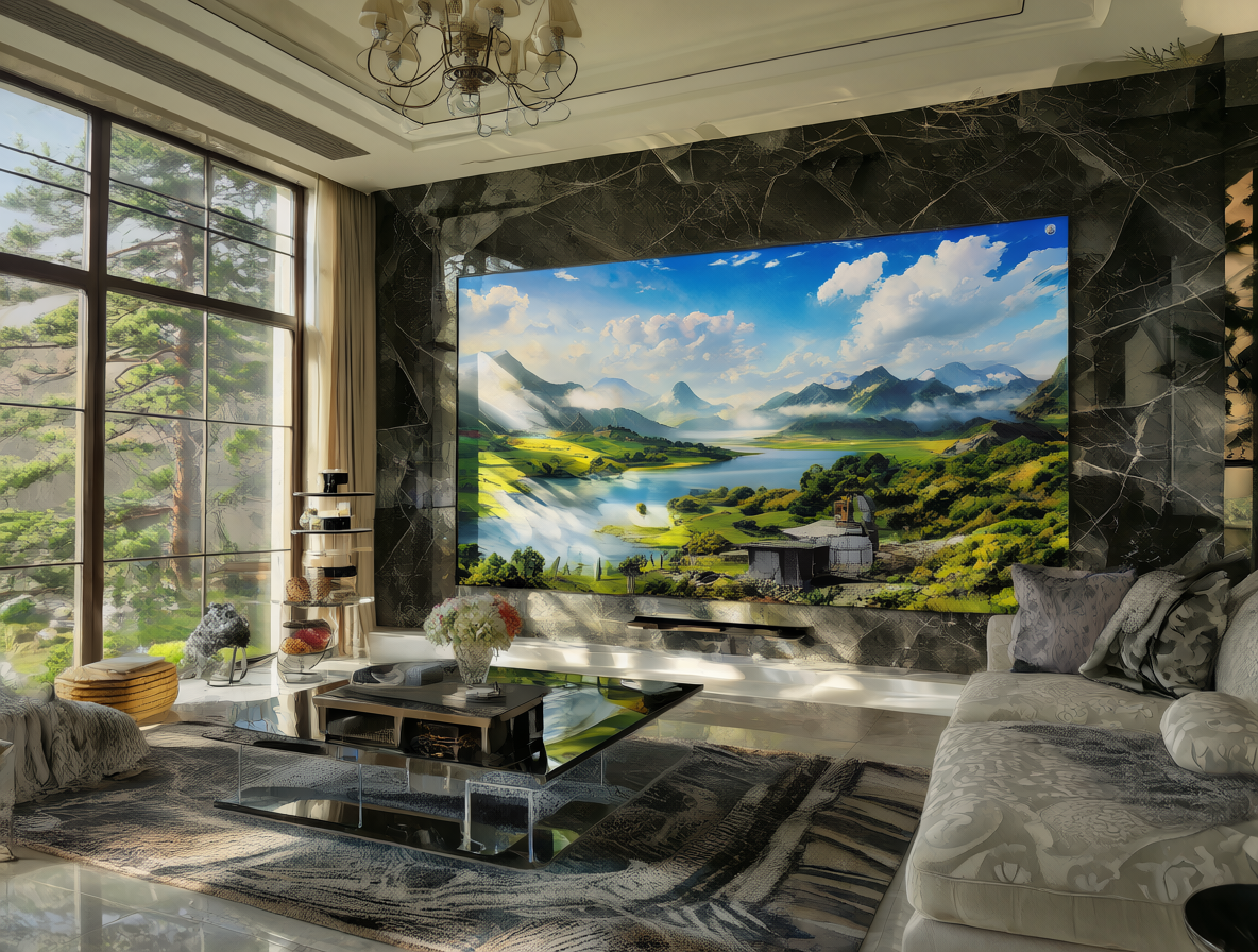 Vista panorámica de un salón con una gran pantalla de televisión mostrando una imagen nítida en alta resolución.
