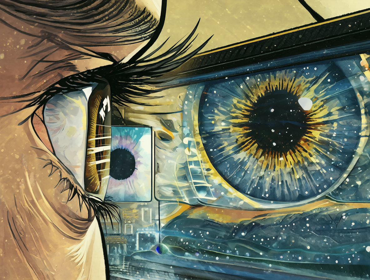 Ilustración detallada del ojo humano observando una pantalla con una superposición que muestra la densidad de los píxeles.