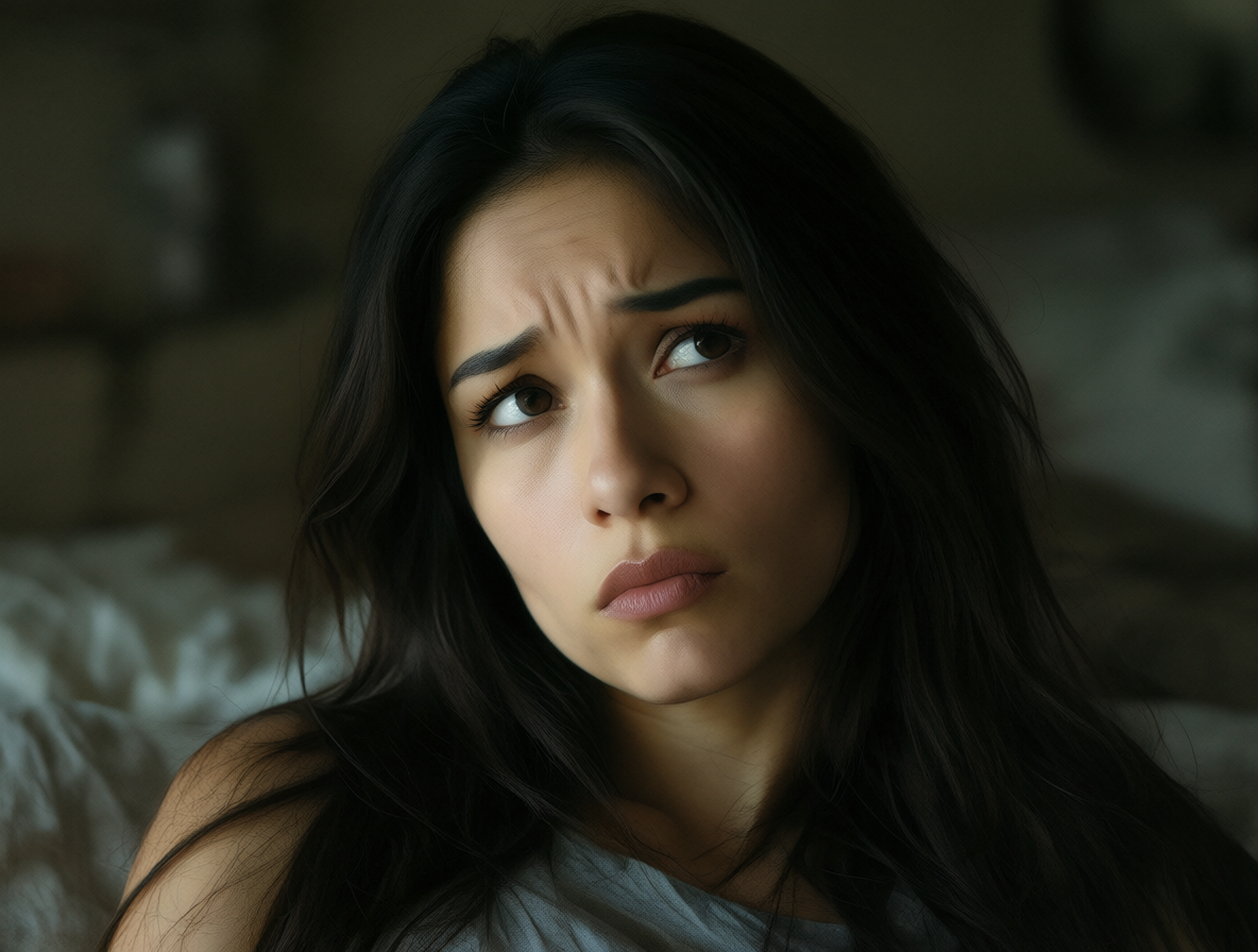 Retrato en primer plano de una mujer mirando pensativa hacia el lado izquierdo.