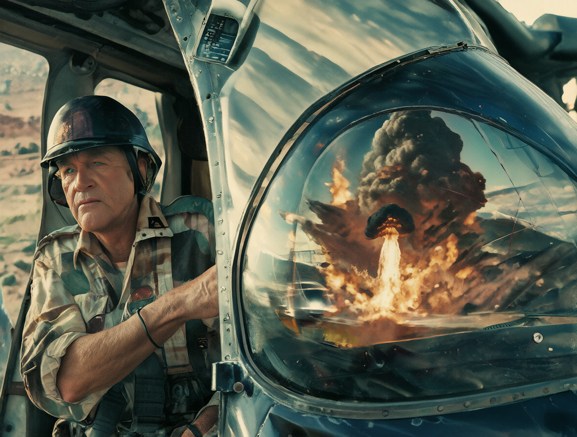 Robert Wagner mirando hacia el horizonte desde un helicóptero, con una explosión nuclear reflejada en su campo de visión.