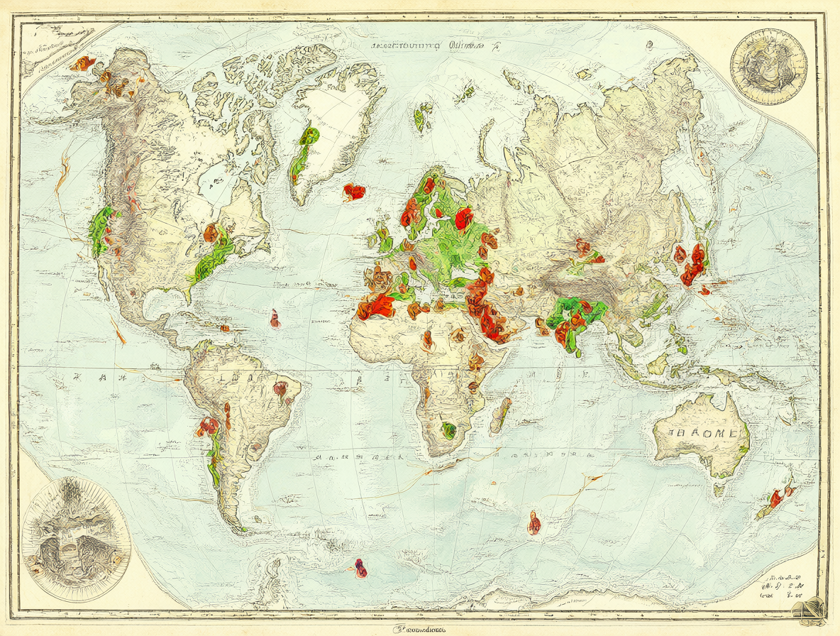 Mapa antiguo del mundo con Adán y Eva y sus descendientes Caín y Abel destacados