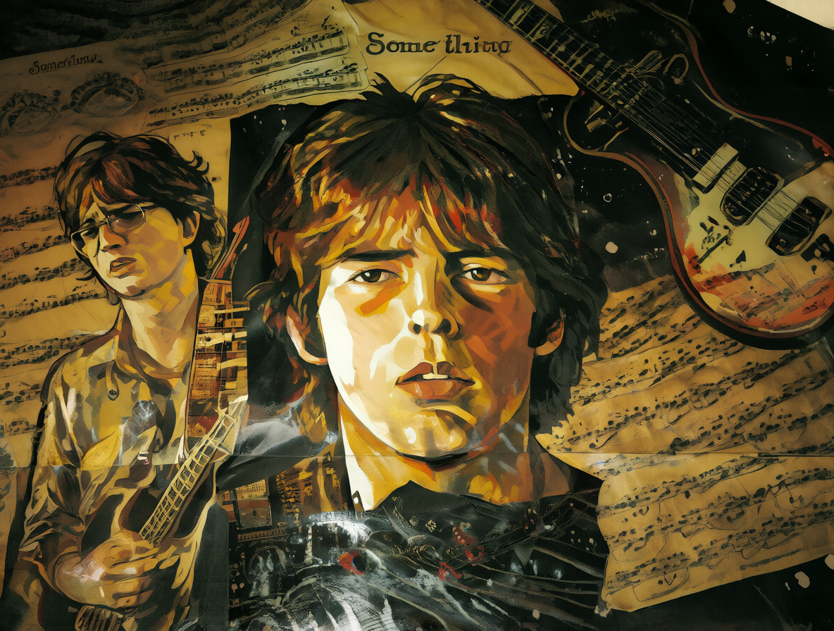 Retrato artístico de George Harrison tocando la guitarra rodeado de música