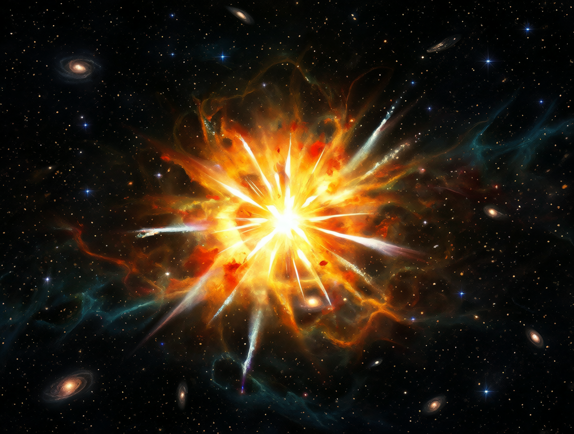 Una supernova explotando con ondas de choque visibles entre estrellas distantes.