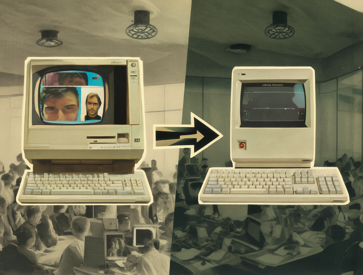 Comparación visual entre la computadora Lisa y el Macintosh, simbolizando un cambio estratégico en Apple.