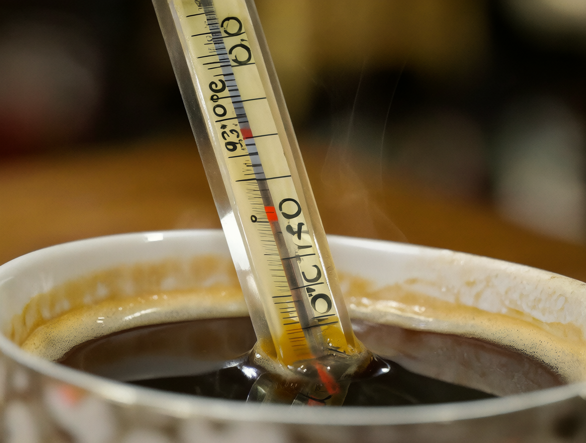 Termómetro midiendo la temperatura del café caliente