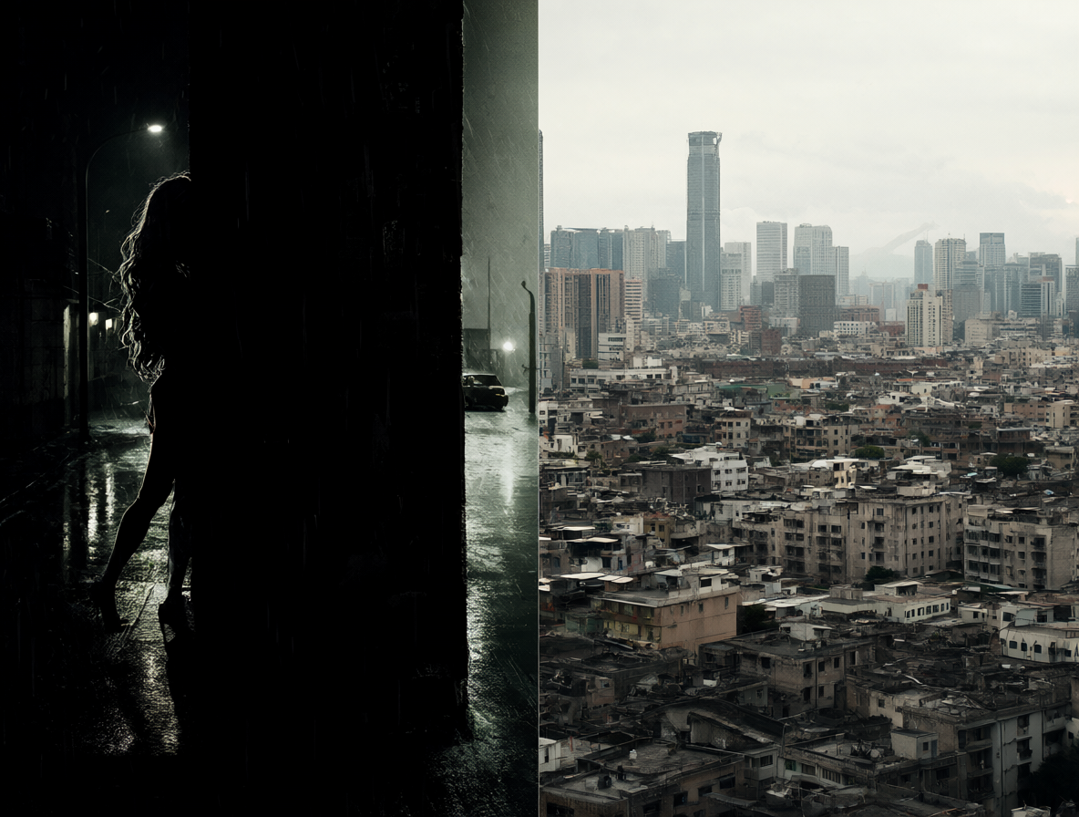 Split-screen illustration showing the difference between a dark noir scene on one side and a realistic urban landscape representing social context on the other.