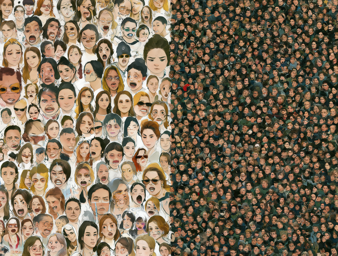 Visualización comparativa de rostros generados por IA frente a la población humana real.