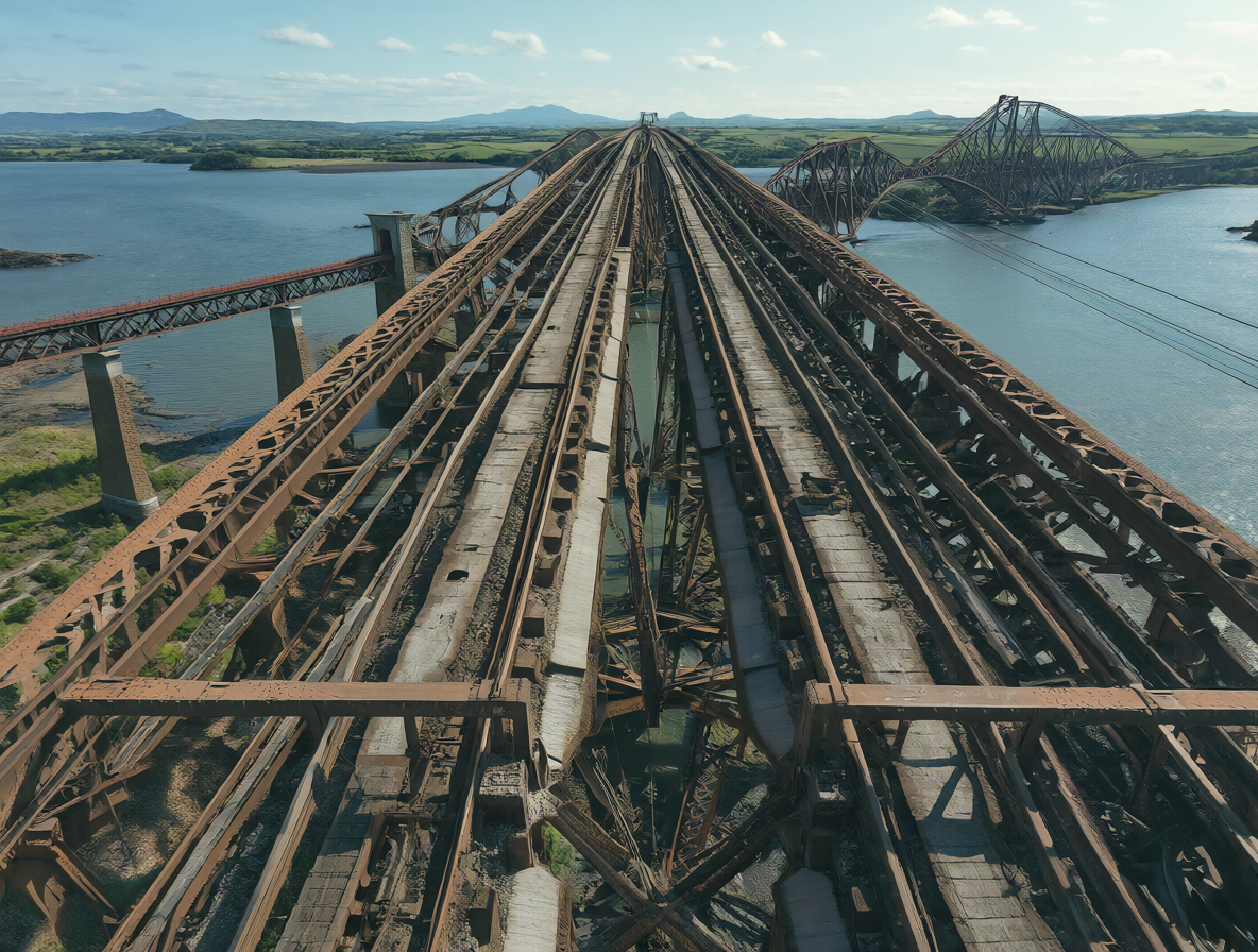 Vista aérea de un puente ferroviario de hormigón y acero con dos vías principales sobre el agua.