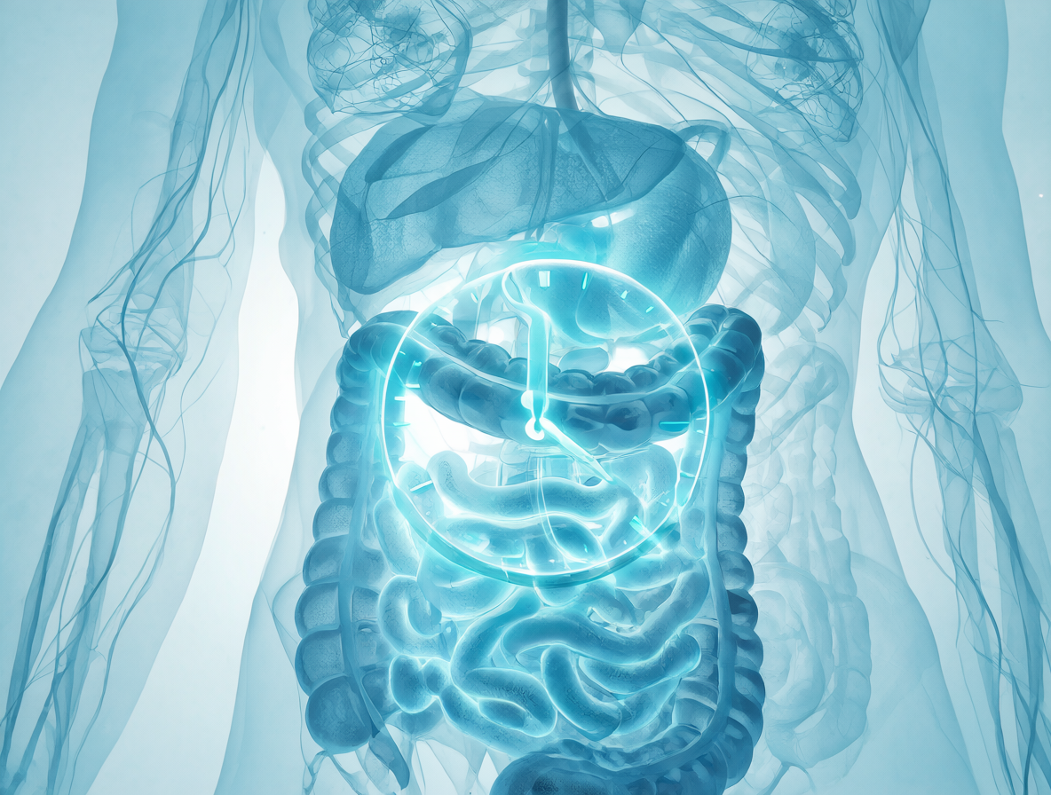 Ilustración médica del sistema digestivo humano con un reloj brillante superpuesto.