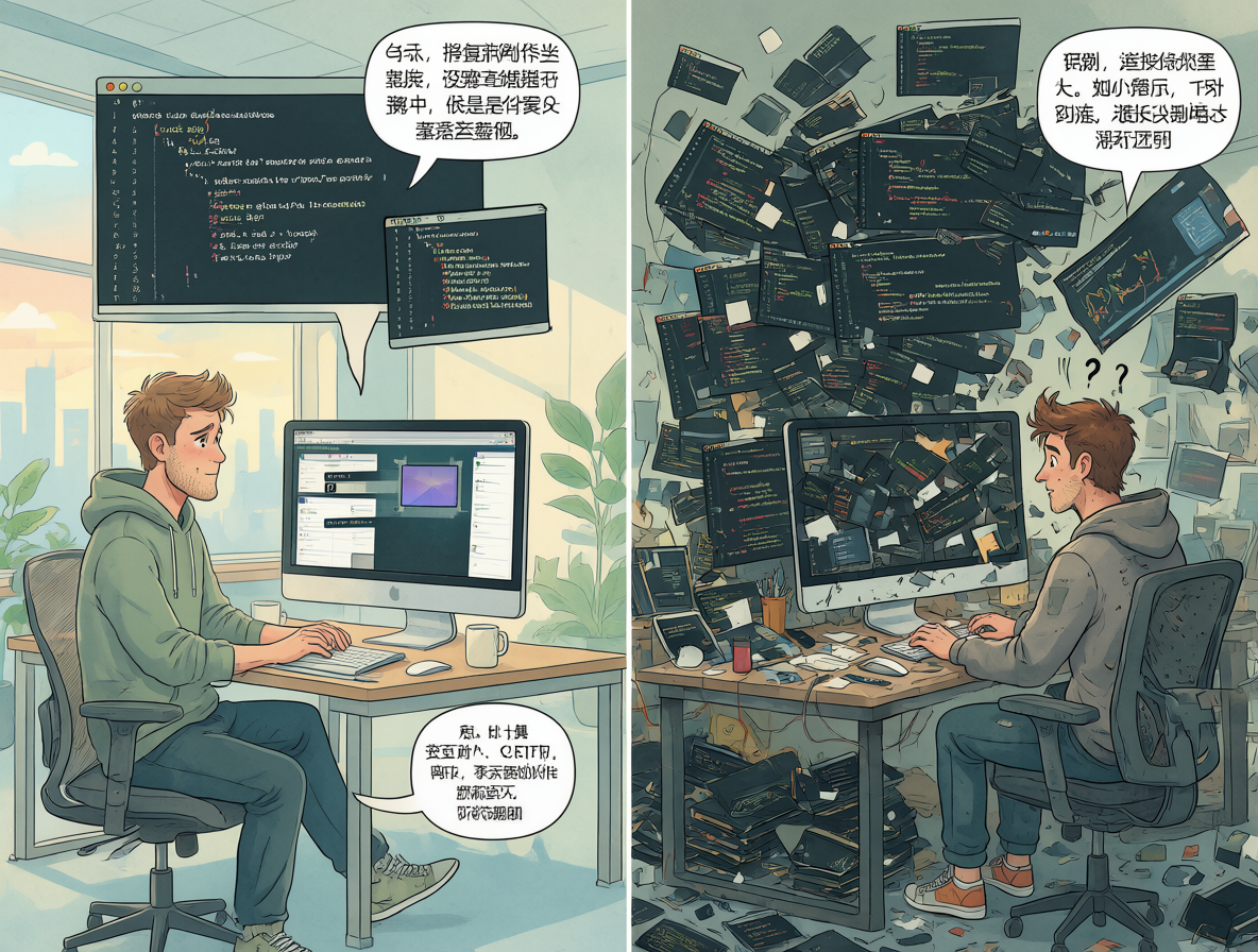 Ilustración dividida mostrando dos entornos de programación opuestos: uno limpio y ordenado, otro desordenado con parches apilados.