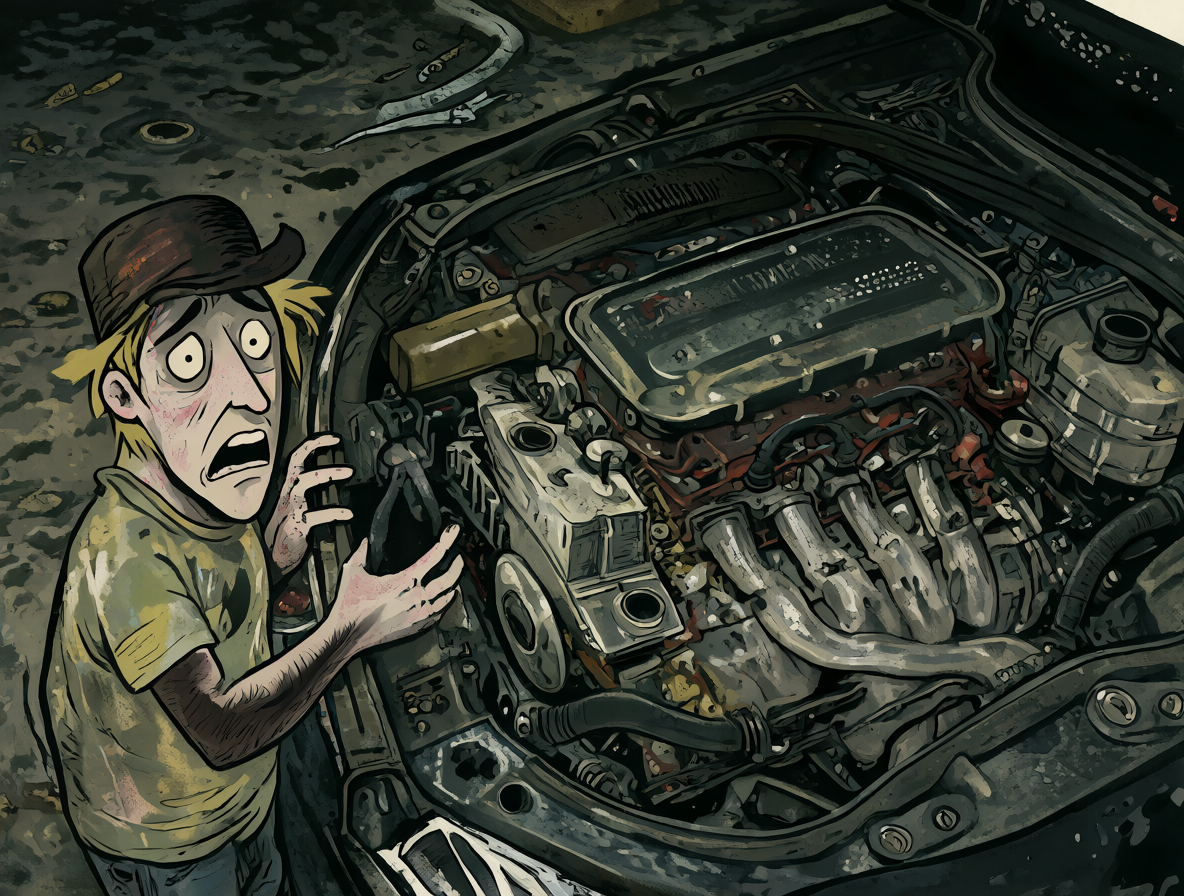 Un dueño de Toyota con cara de pánico absoluto ante un fallo mecánico inesperado, ilustrando el meme viral sobre la durabilidad extrema de sus coches.