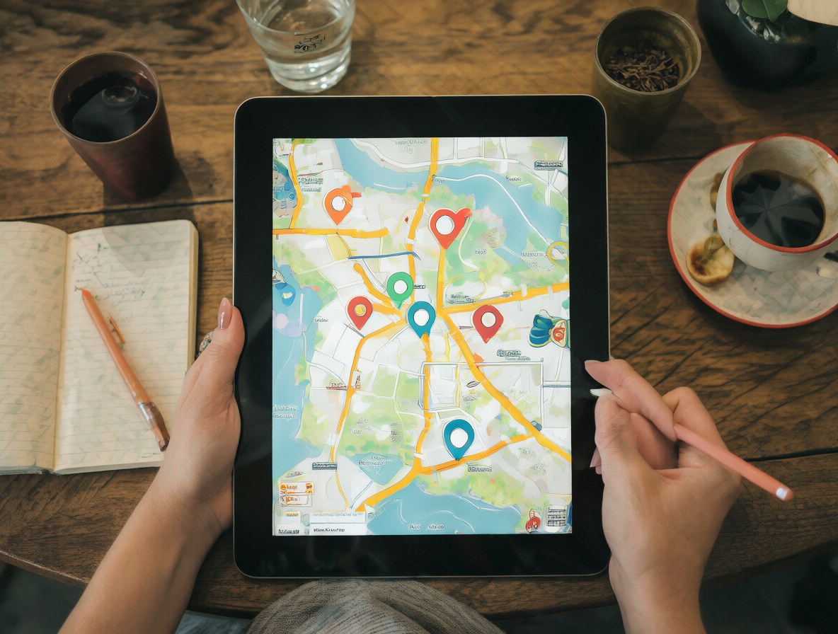 Una persona usando una tableta para navegar por un mapa digital y planificar una ruta hacia un lugar desconocido, reduciendo la ansiedad anticipatoria.