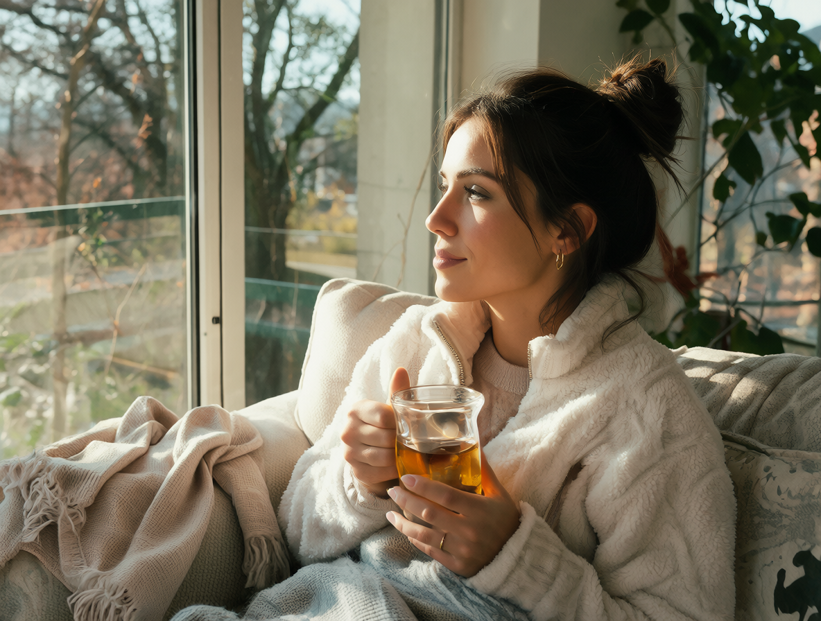 Una mujer preparándose para salir con calma mientras sostiene una taza de té relajante, estableciendo rutinas para reducir la ansiedad anticipatoria.