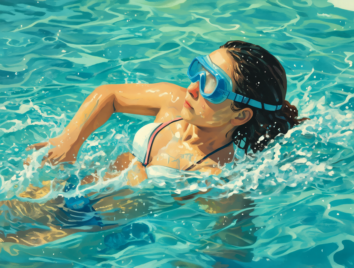 Persona nadando tranquilamente utilizando gafas y tapones para proteger sus sentidos en la piscina.