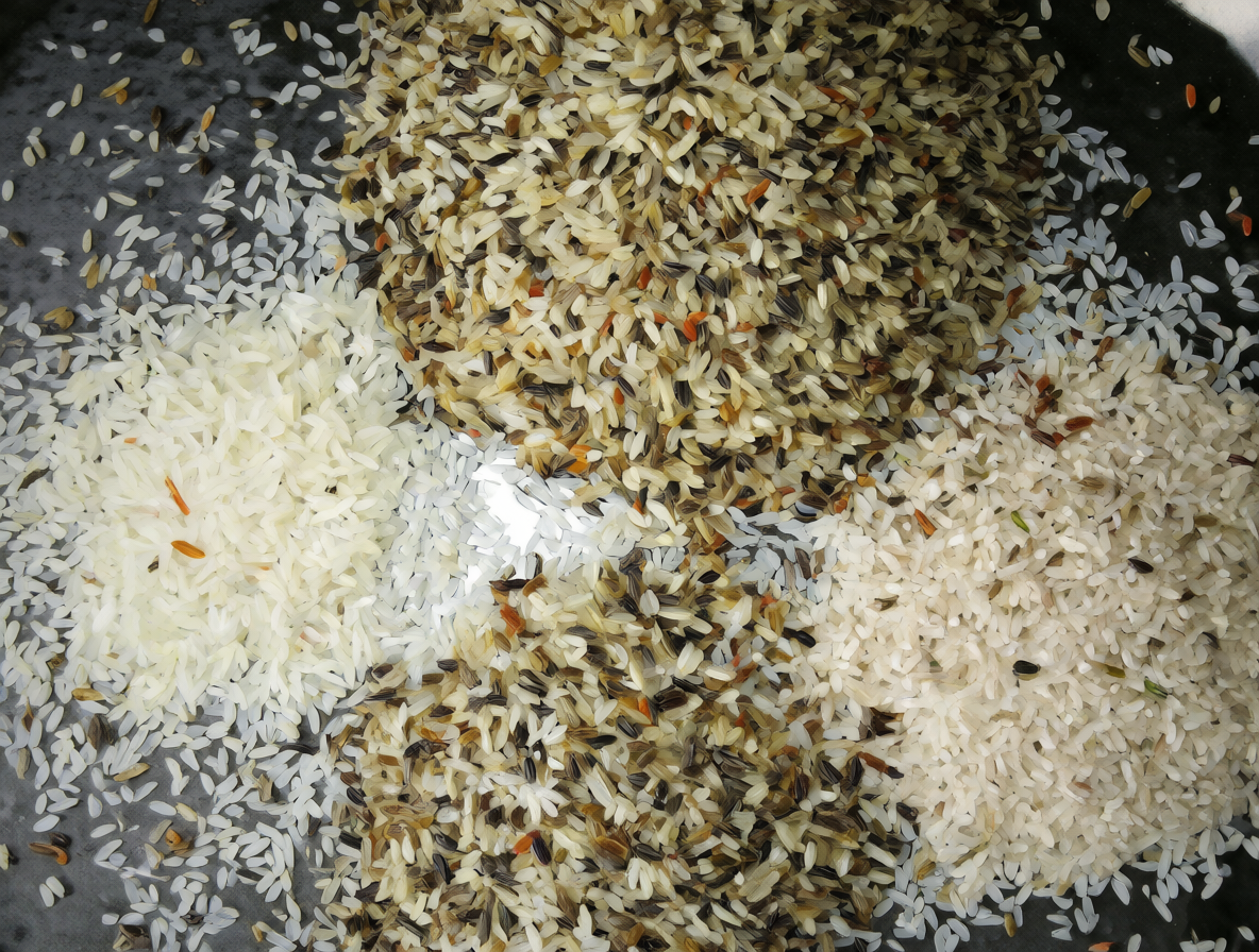 Arroz blanco, integral y pregraneado dispuestos para cocinar