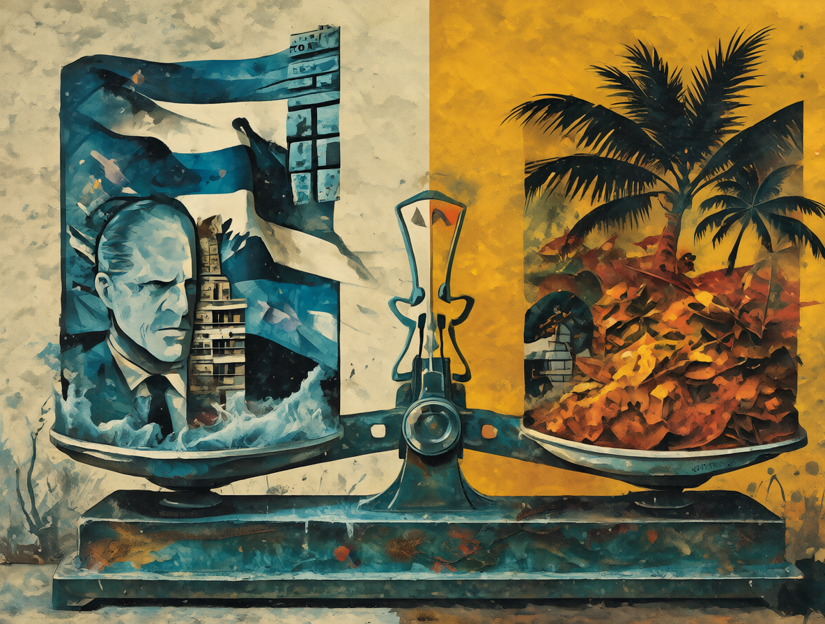 Una balanza dividida mostrando el contraste económico entre Cuba y América Latina.
