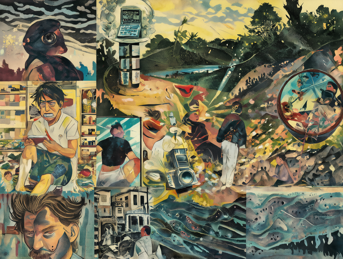 Un collage con elementos de desigualdad social y precariedad laboral en el capitalismo.