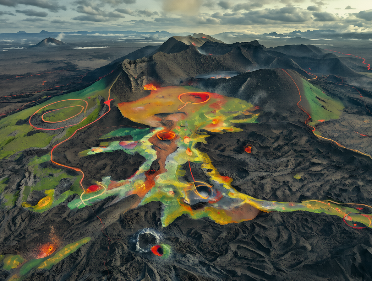 Volcán en erupción mostrando las zonas de letalidad, lava y caída de ceniza.