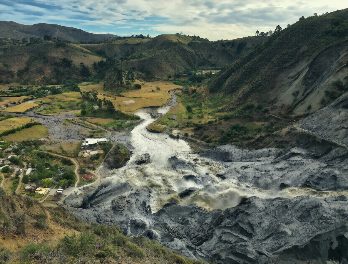 Río de lodo volcánico avanzando por el terreno.