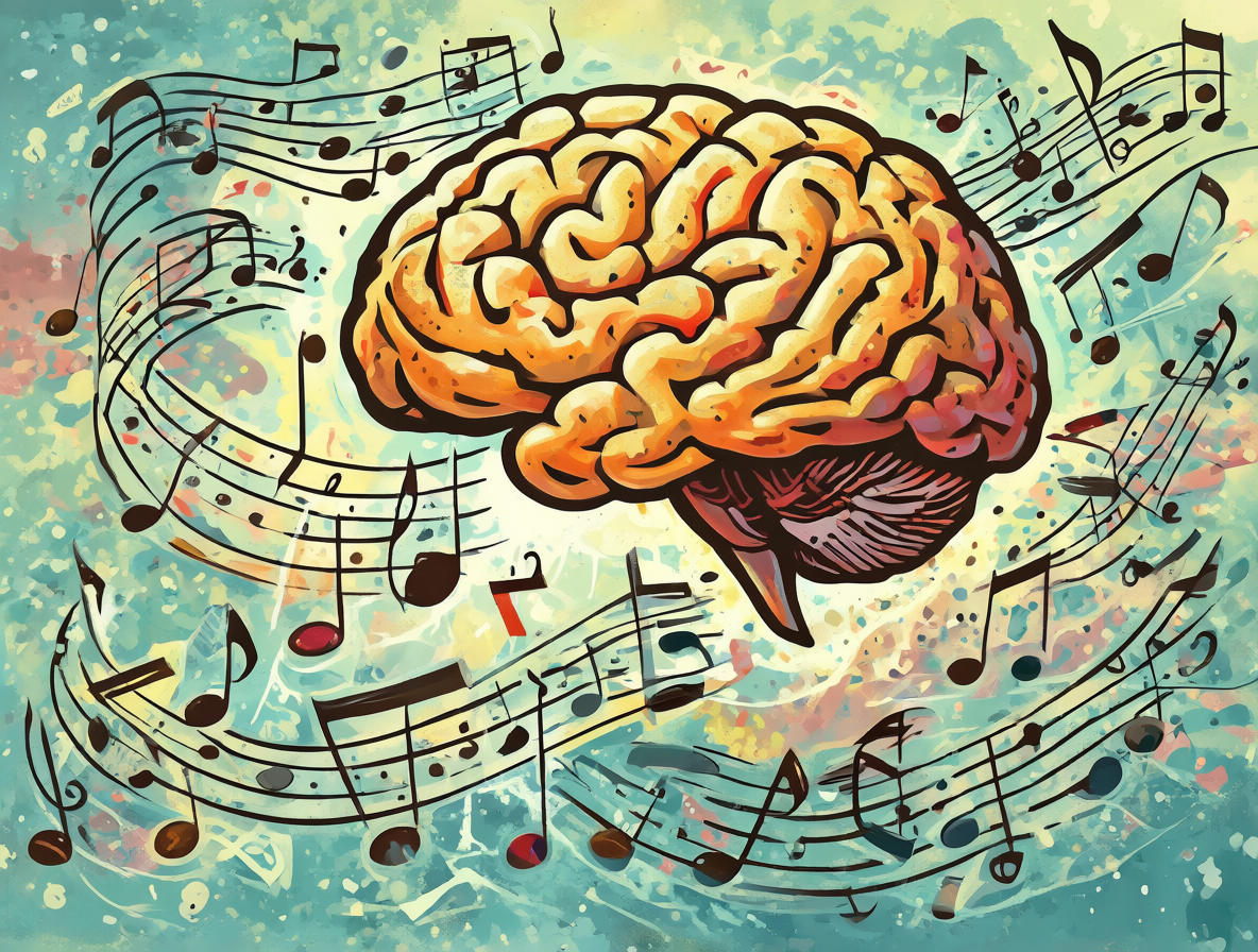 Representación de un cerebro con notas musicales flotantes