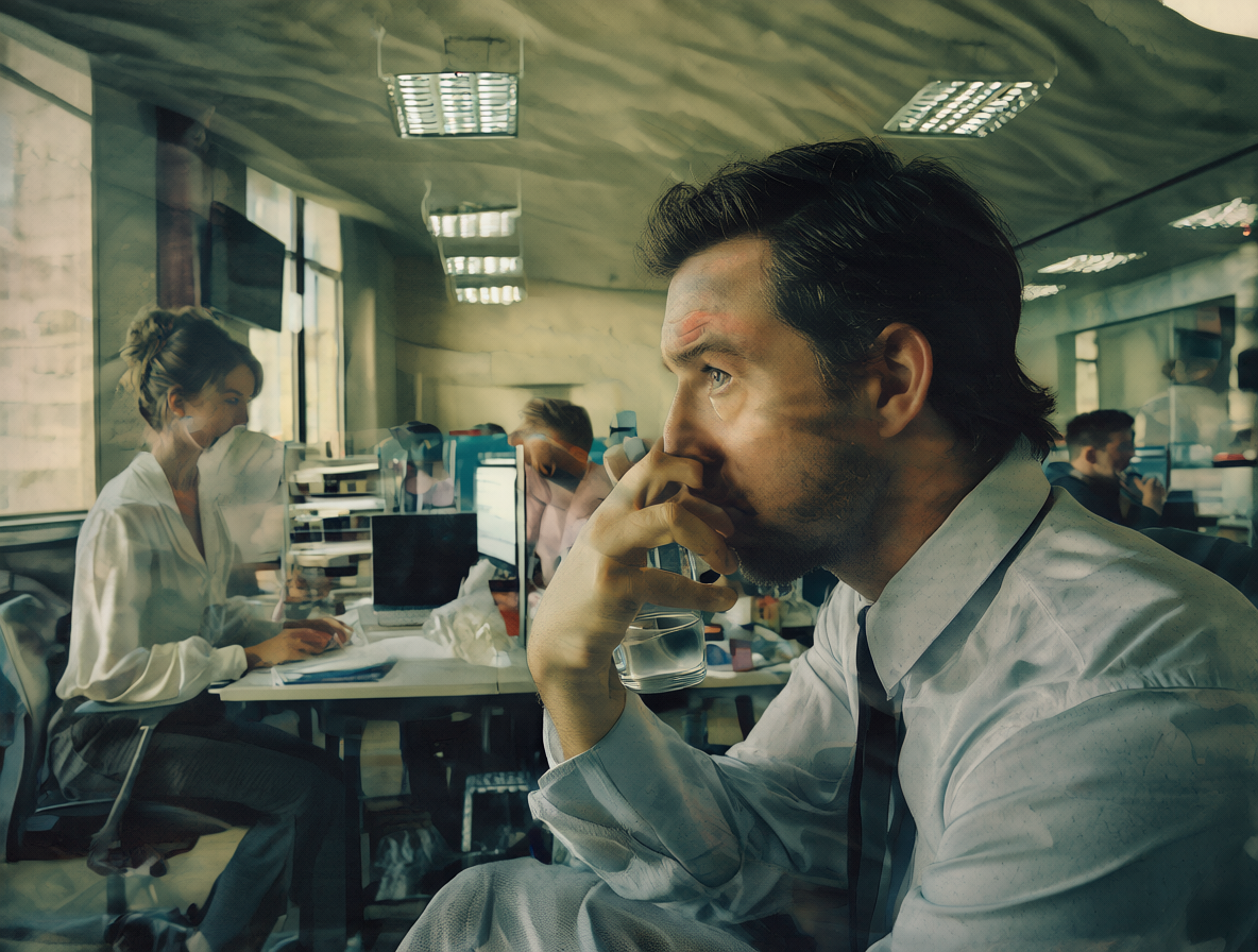 Hombre reflexivo en una oficina, simbolizando su deseo de salir de su zona de confort.
