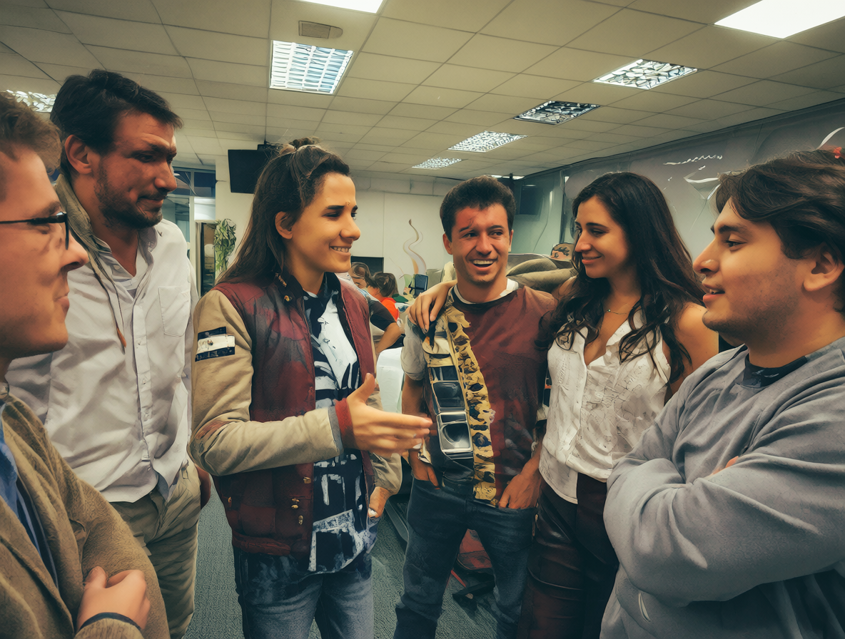 Grupos de colegas conversando en un entorno laboral, destacando la importancia de la comunicación social.