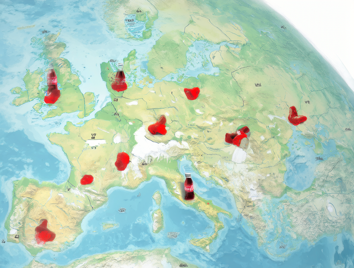 Mapa del mundo mostrando la distribucin de Coca-Cola sin cafeína en EE.UU., Europa y otros pases.