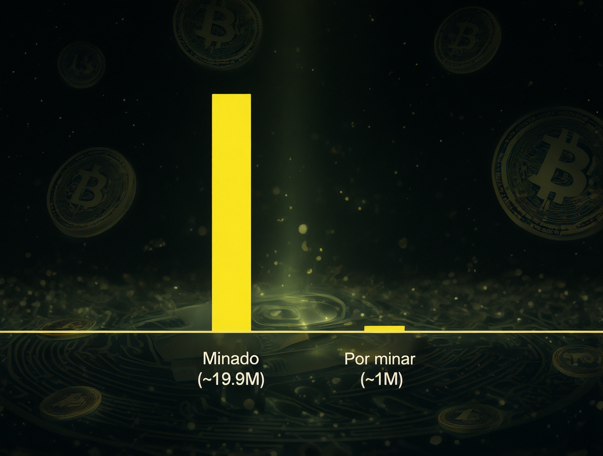 Gráfico comparativo mostrando la escasez de Bitcoin restante frente al total minado.