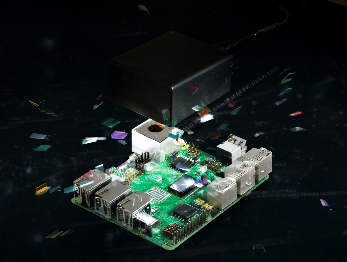 Raspberry Pi hardware setup with abstract text overlays showing system errors