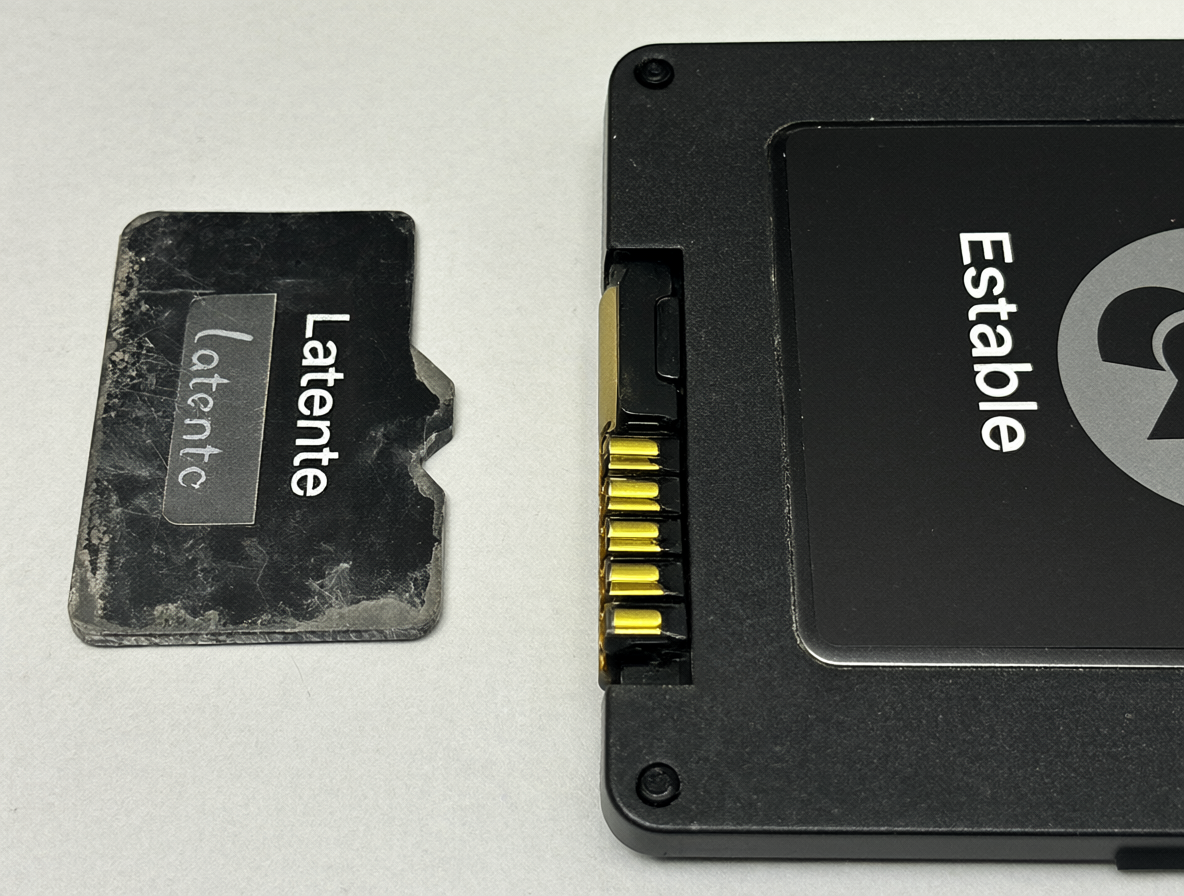 Split image showing a failing microSD card next to a stable SSD drive