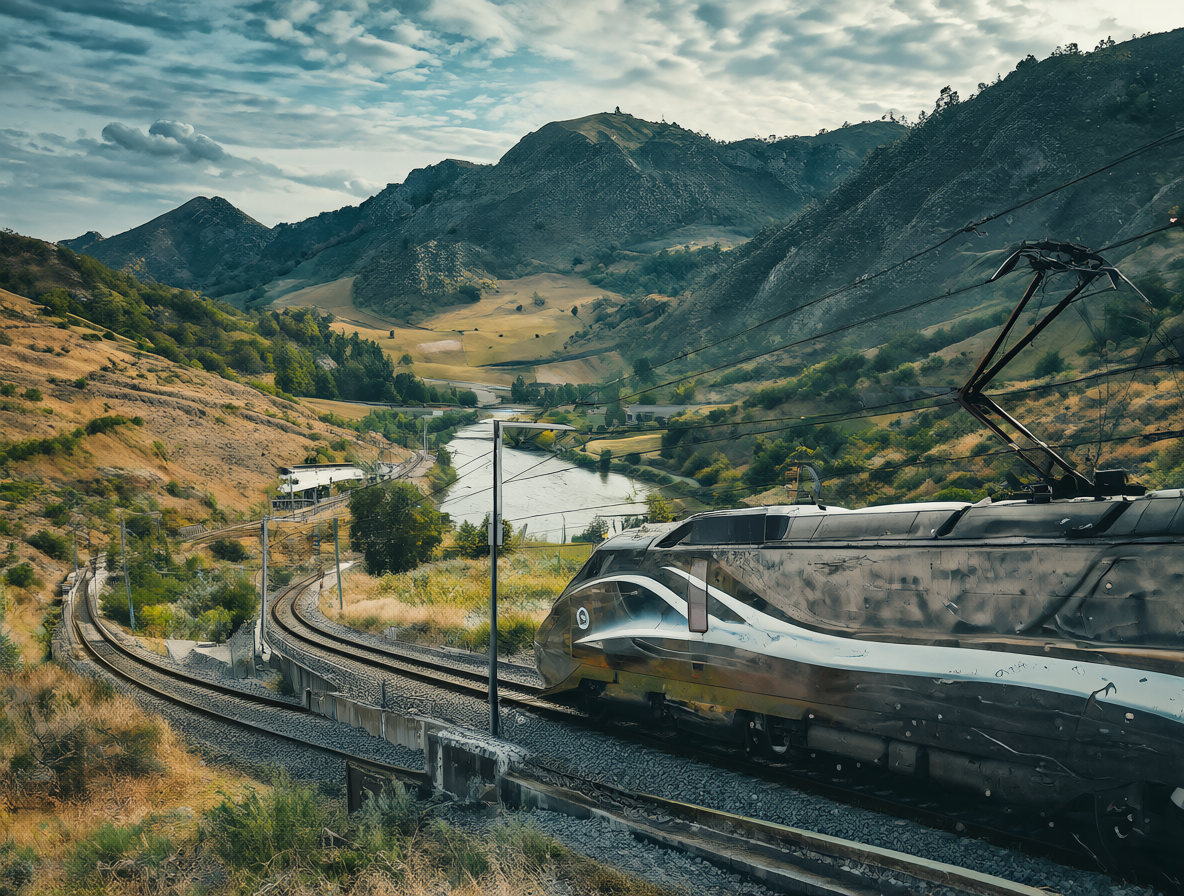 Locomotora moderna recorriendo un ferrocarril de ancho reducido por un paisaje montañoso.